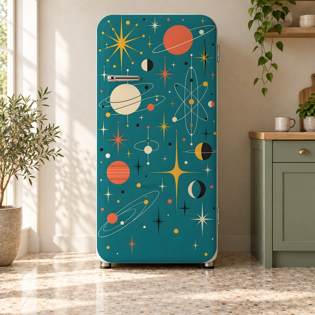 Atomic Space Age fridge wrap on a retro refrigerator