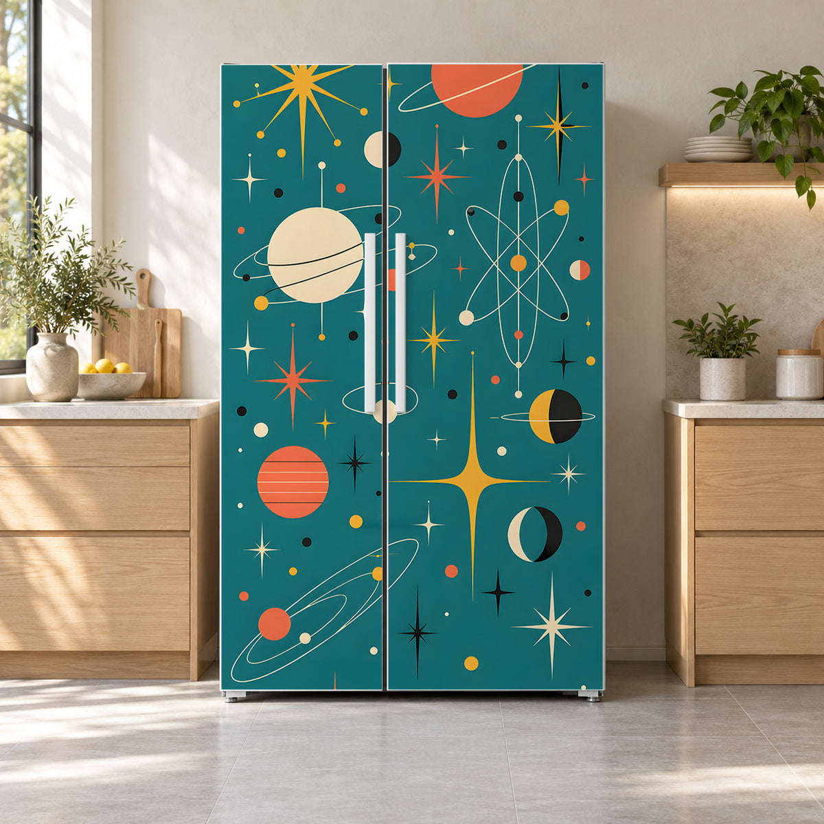 Atomic Space Age fridge wrap on a side-by-side refrigerator