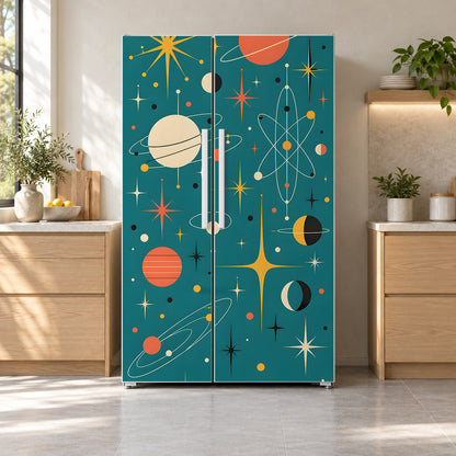Atomic Space Age fridge wrap on a side-by-side refrigerator