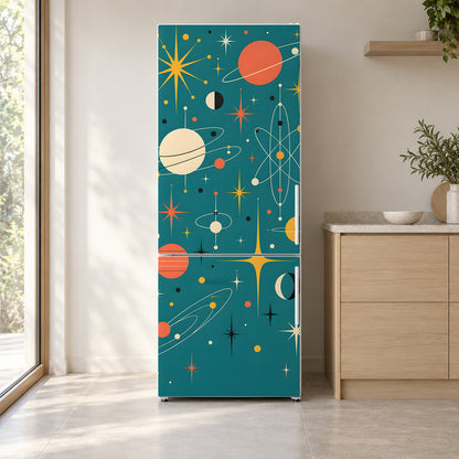 Atomic Space Age fridge wrap on a white refrigerator in a bright kitchen