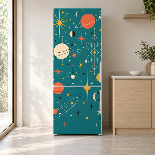 Atomic Space Age fridge wrap on a white refrigerator in a bright kitchen