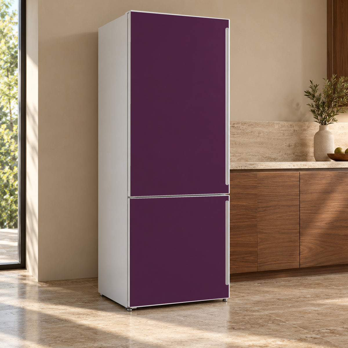 Aubergine Plum fridge wrap, refrigerator shown at an angle
