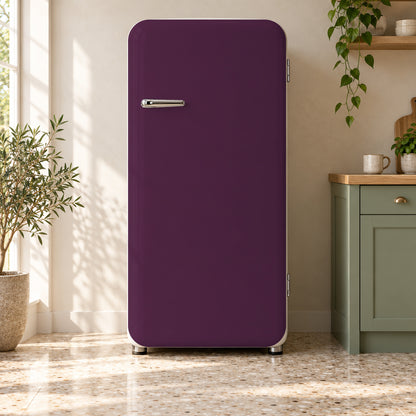 Aubergine Plum fridge wrap on a retro refrigerator