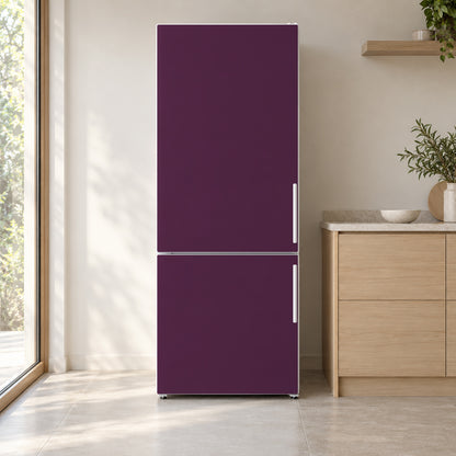 Aubergine Plum fridge wrap on a white refrigerator in a bright kitchen