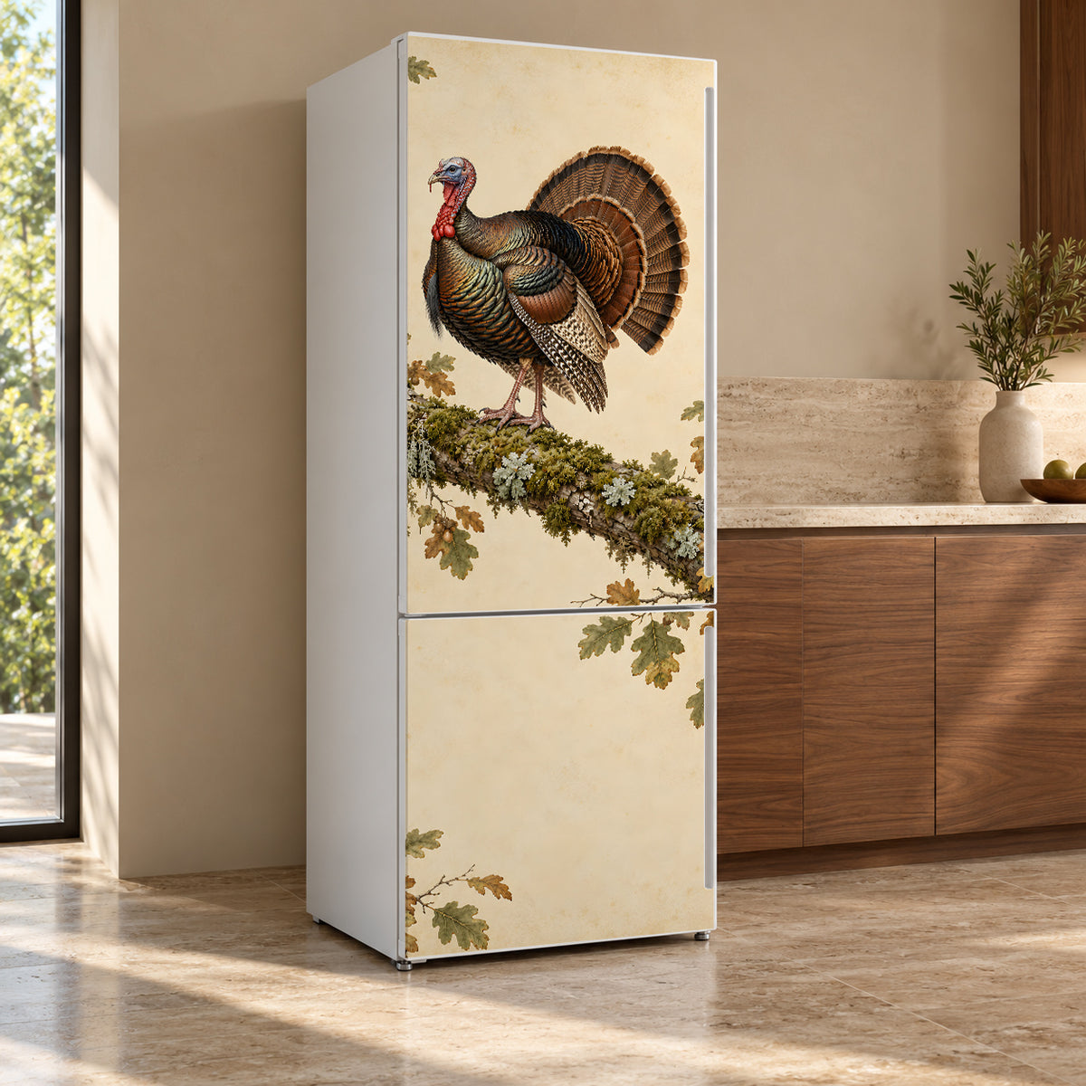 Audubon-Inspired Wild Turkey fridge wrap, refrigerator shown at an angle