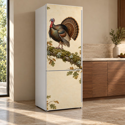 Audubon-Inspired Wild Turkey fridge wrap, refrigerator shown at an angle