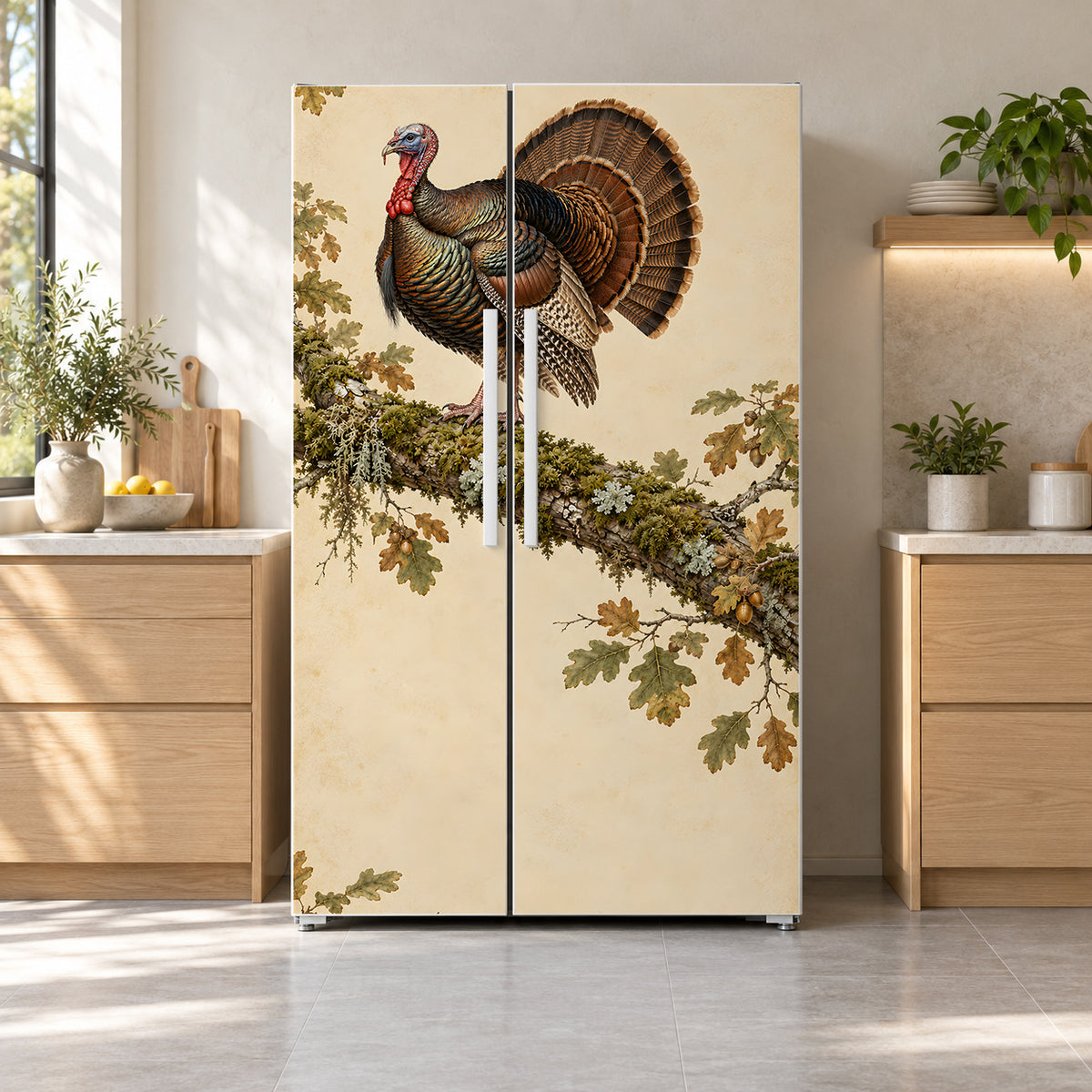 Audubon-Inspired Wild Turkey fridge wrap on a side-by-side refrigerator