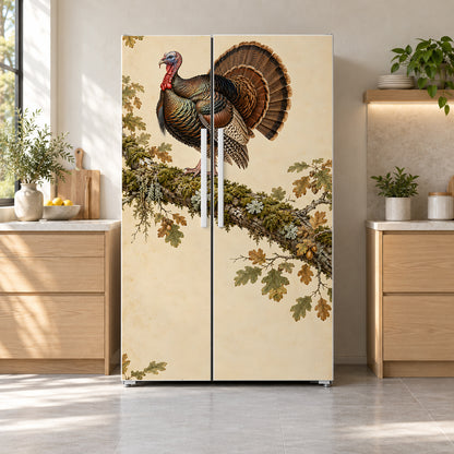 Audubon-Inspired Wild Turkey fridge wrap on a side-by-side refrigerator