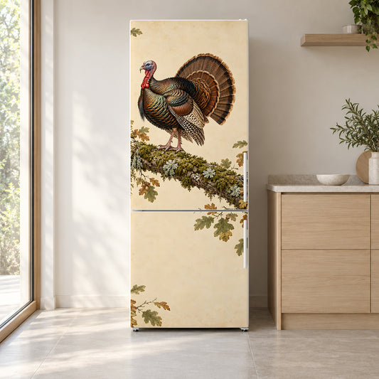 Audubon-Inspired Wild Turkey fridge wrap on a white refrigerator in a bright kitchen