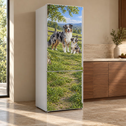 Australian Shepherds fridge wrap, refrigerator shown at an angle