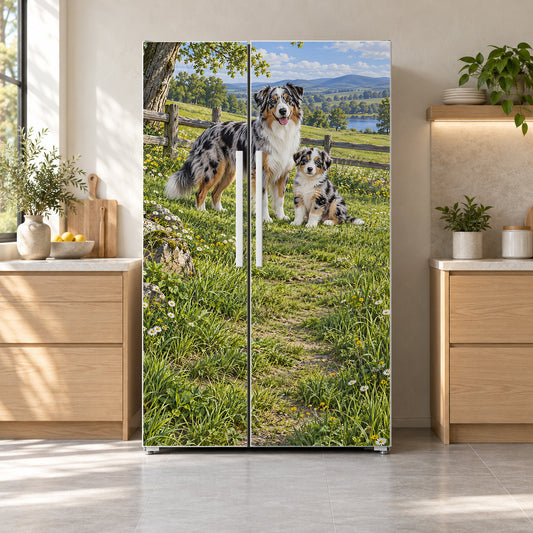 Australian Shepherds fridge wrap on a side-by-side refrigerator
