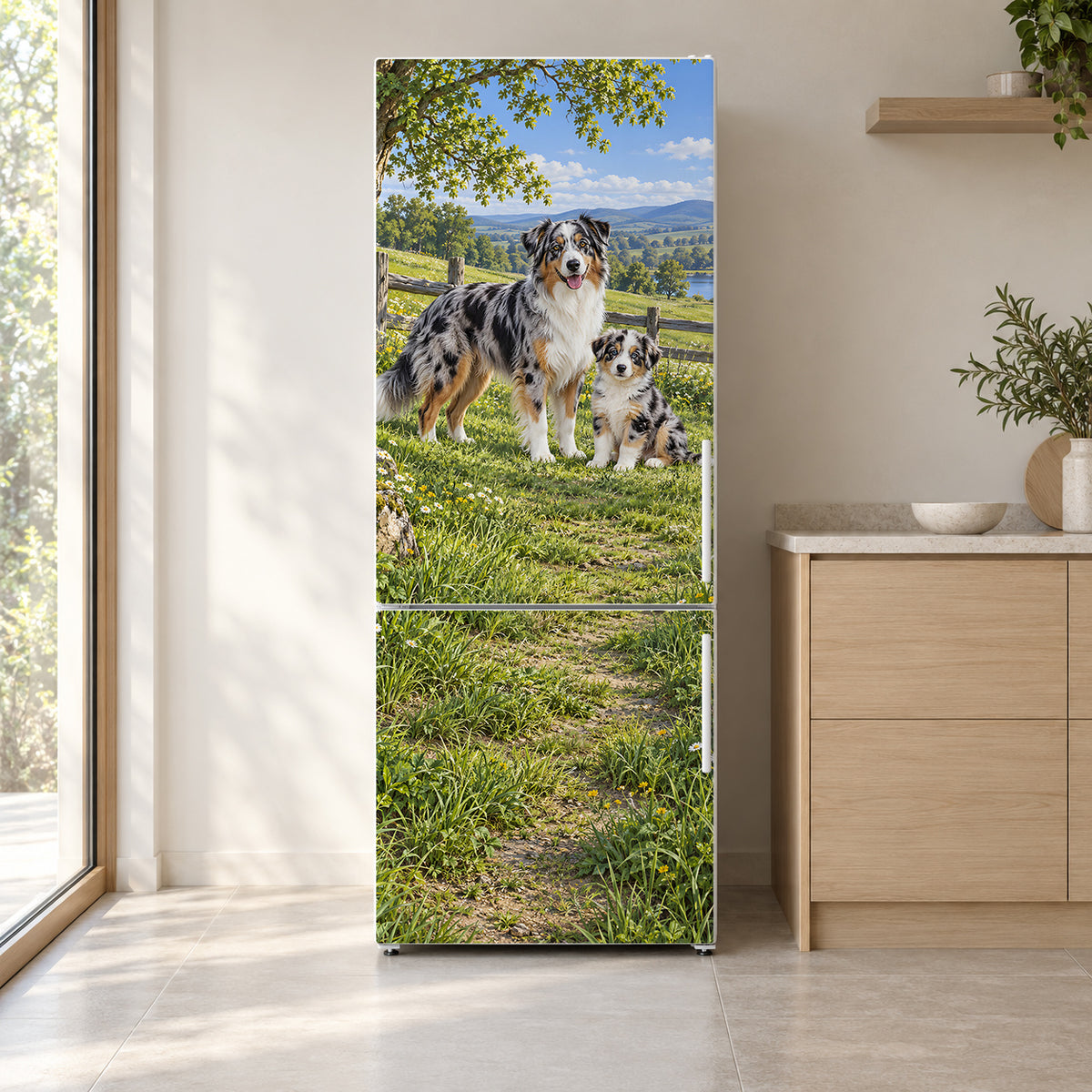 Australian Shepherds fridge wrap on a white refrigerator in a bright kitchen