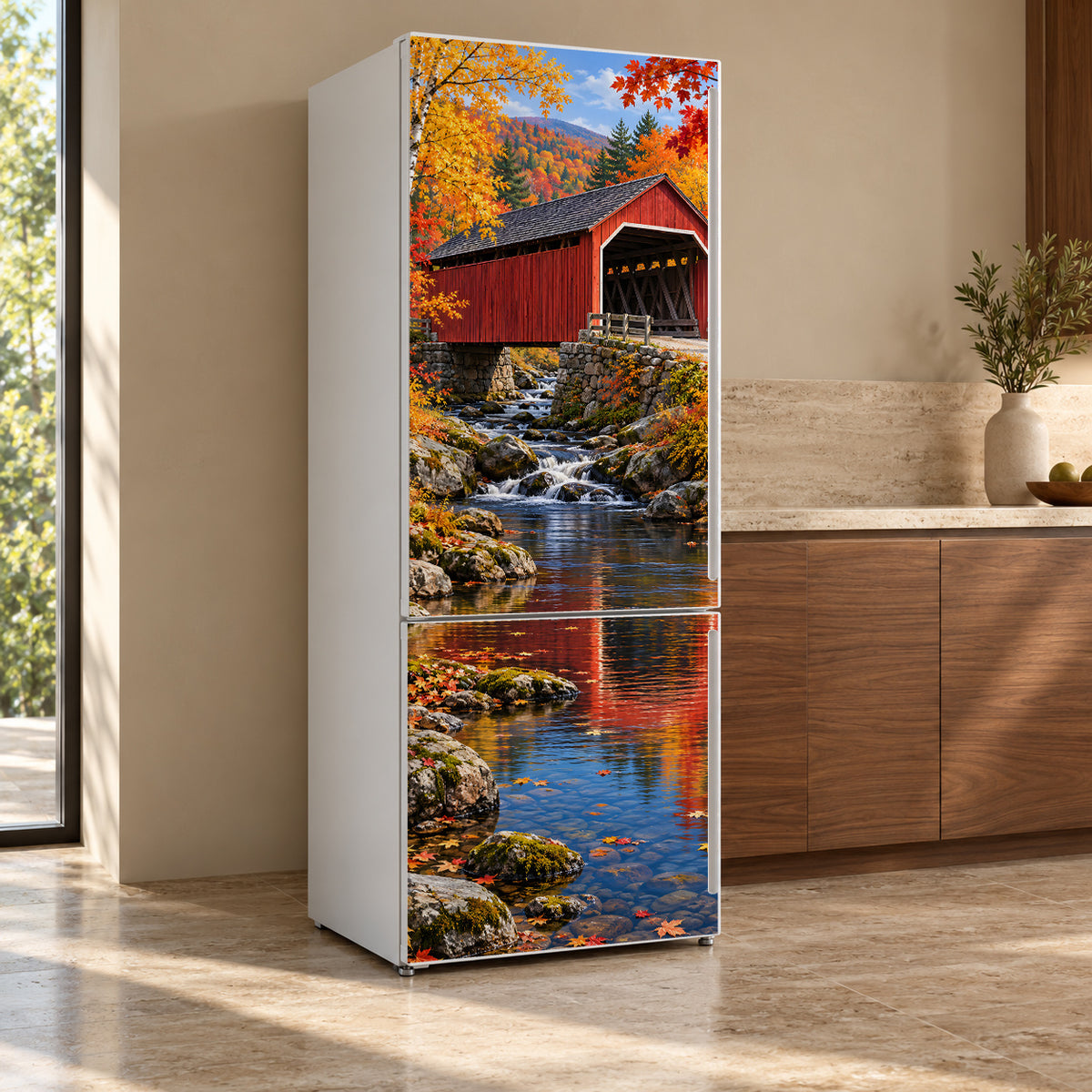 Autumn Covered Bridge fridge wrap, refrigerator shown at an angle