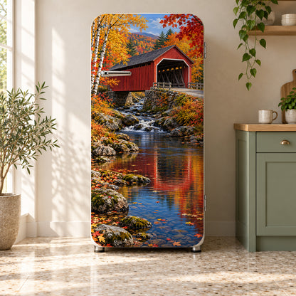 Autumn Covered Bridge fridge wrap on a retro refrigerator