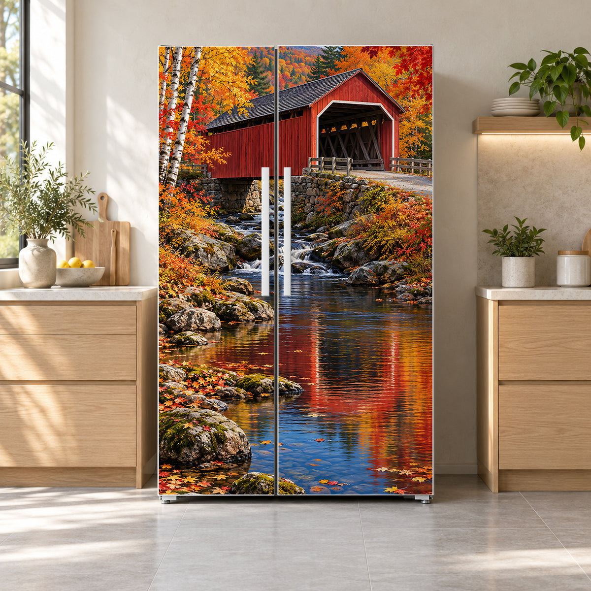 Autumn Covered Bridge fridge wrap on a side-by-side refrigerator