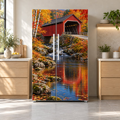 Autumn Covered Bridge fridge wrap on a side-by-side refrigerator