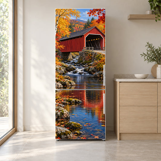 Autumn Covered Bridge fridge wrap on a white refrigerator in a bright kitchen