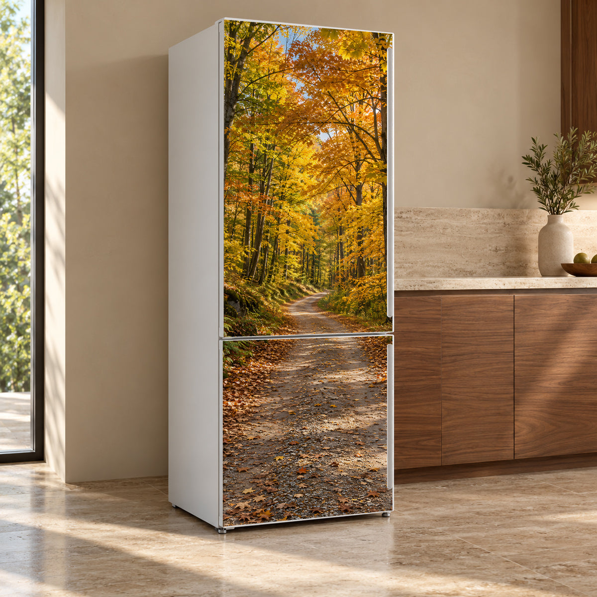 Autumn Forest Road fridge wrap, refrigerator shown at an angle