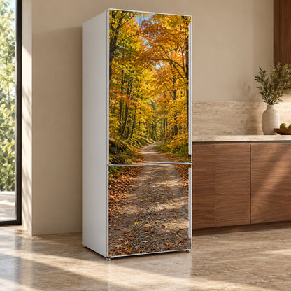 Autumn Forest Road fridge wrap, refrigerator shown at an angle