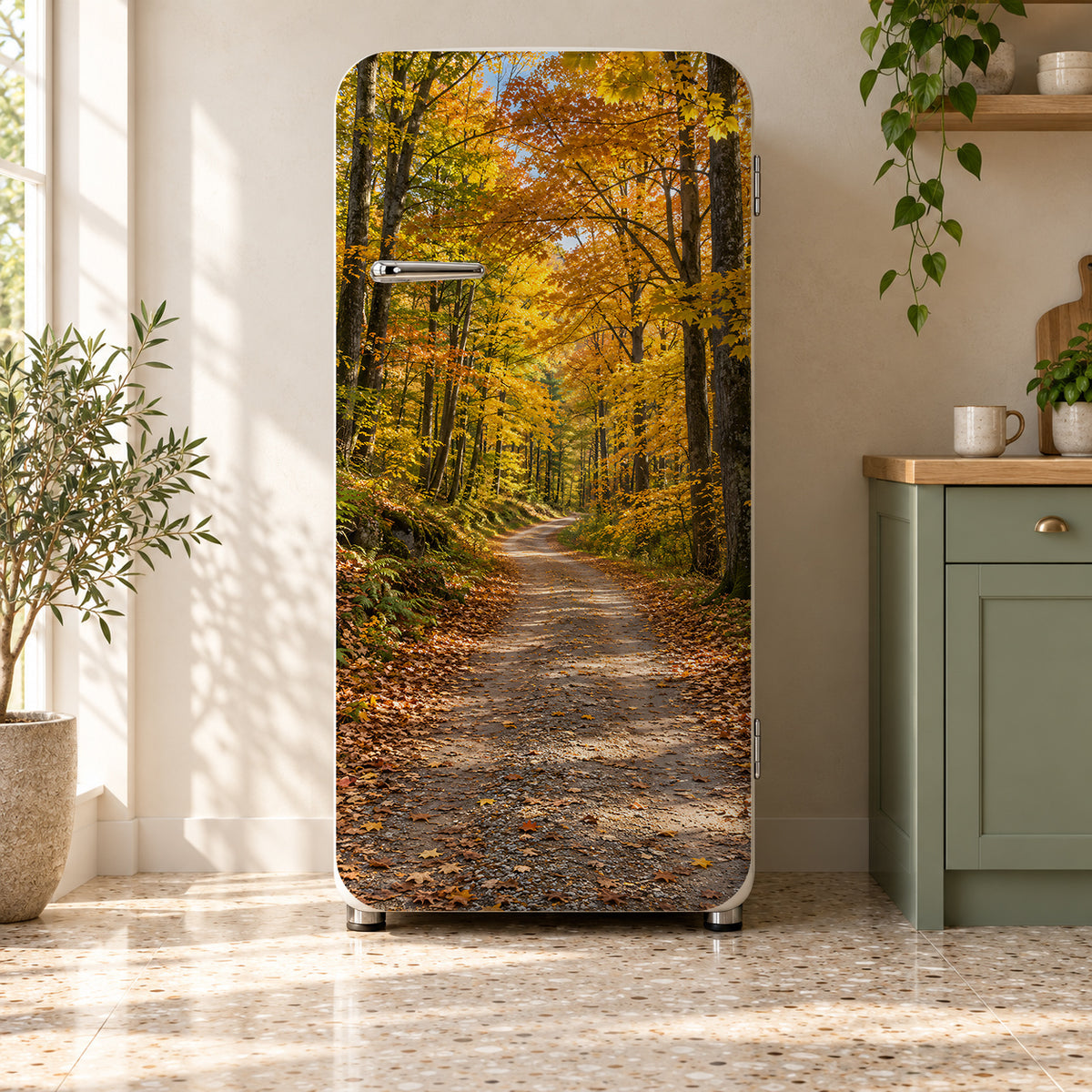 Autumn Forest Road fridge wrap on a retro refrigerator