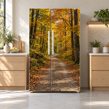 Autumn Forest Road fridge wrap on a side-by-side refrigerator