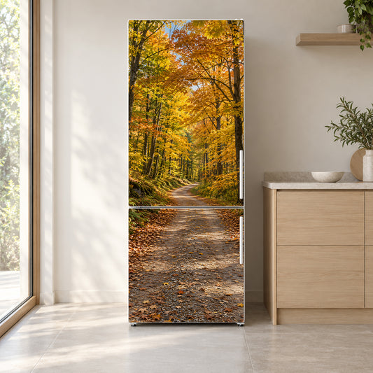 Autumn Forest Road fridge wrap on a white refrigerator in a bright kitchen