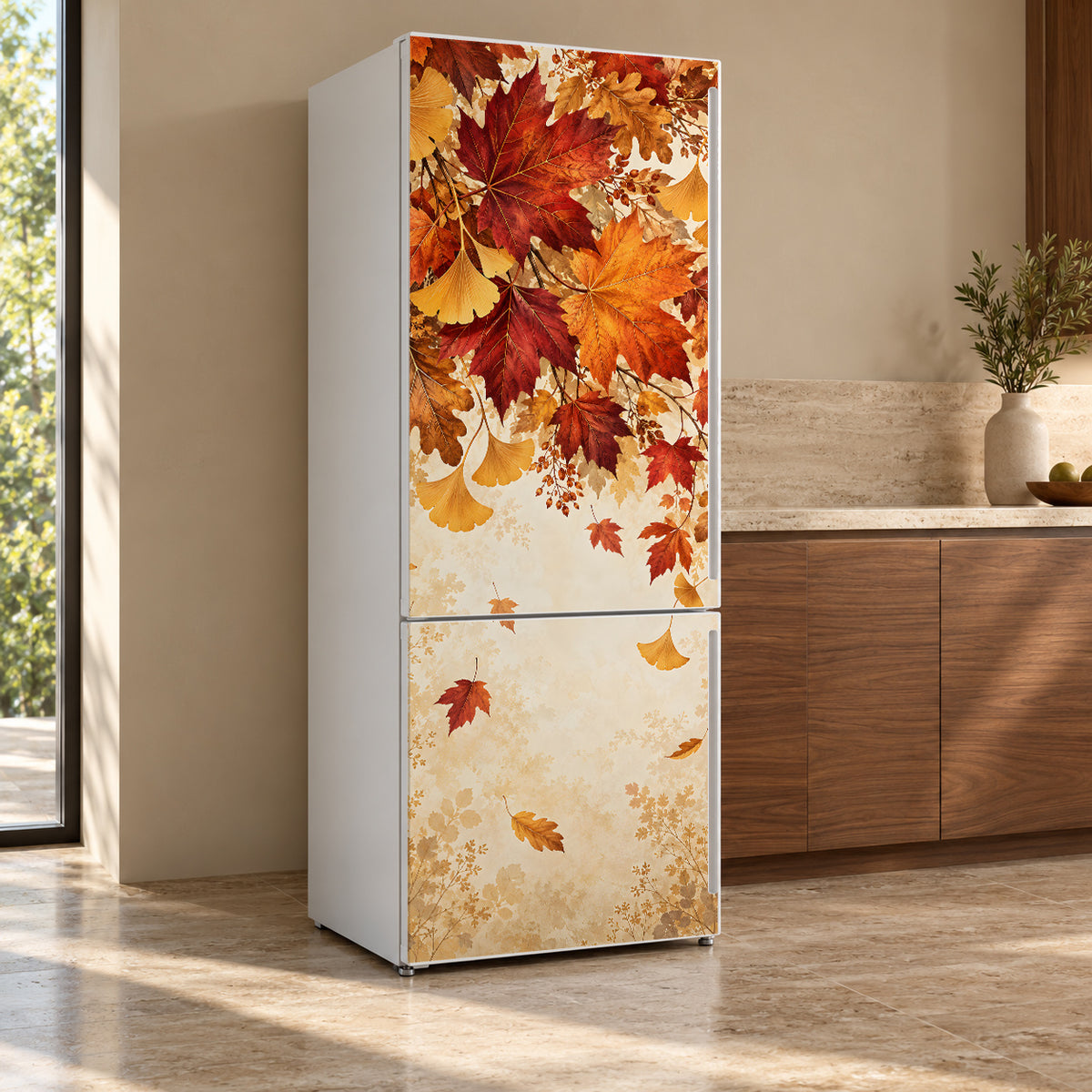 Autumn Leaves fridge wrap, refrigerator shown at an angle