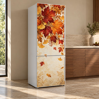 Autumn Leaves fridge wrap, refrigerator shown at an angle
