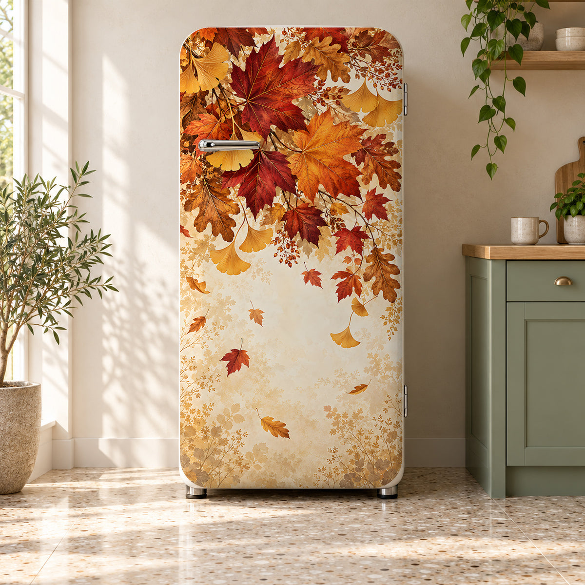 Autumn Leaves fridge wrap on a retro refrigerator