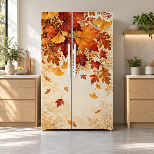 Autumn Leaves fridge wrap on a side-by-side refrigerator