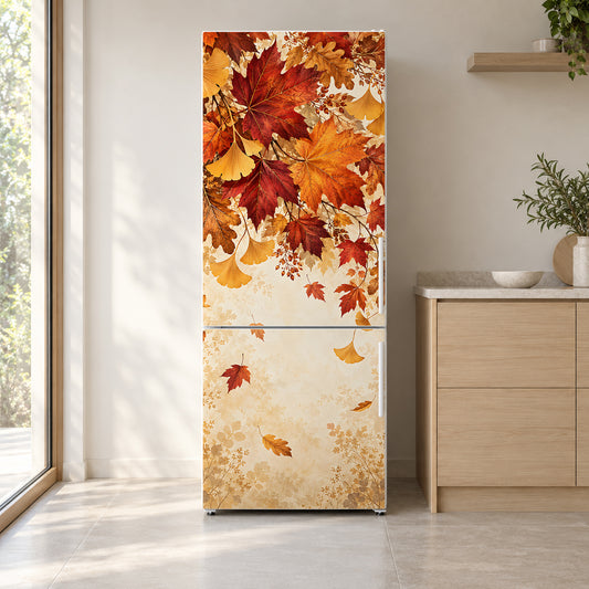 Autumn Leaves fridge wrap on a white refrigerator in a bright kitchen