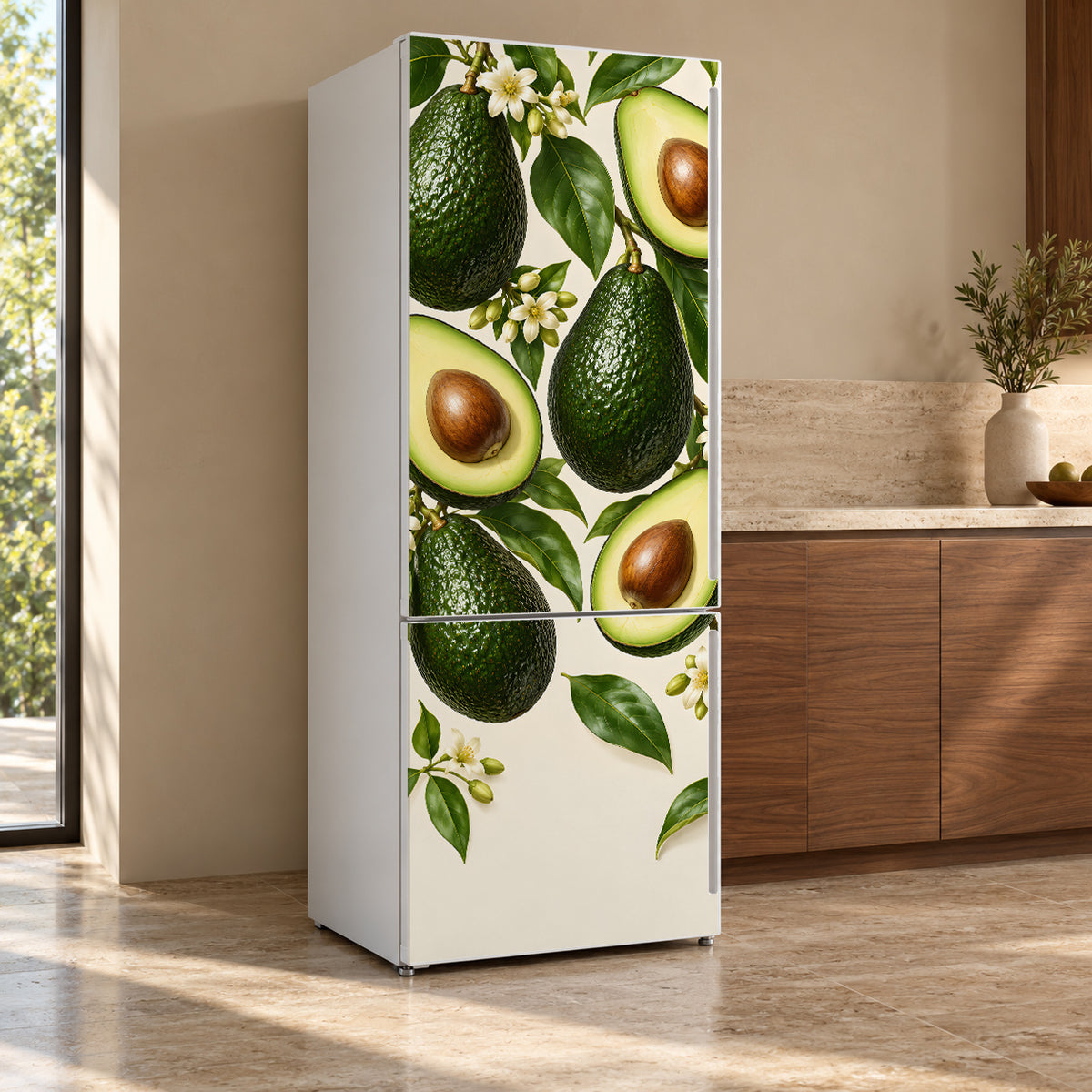 Avocados fridge wrap, refrigerator shown at an angle
