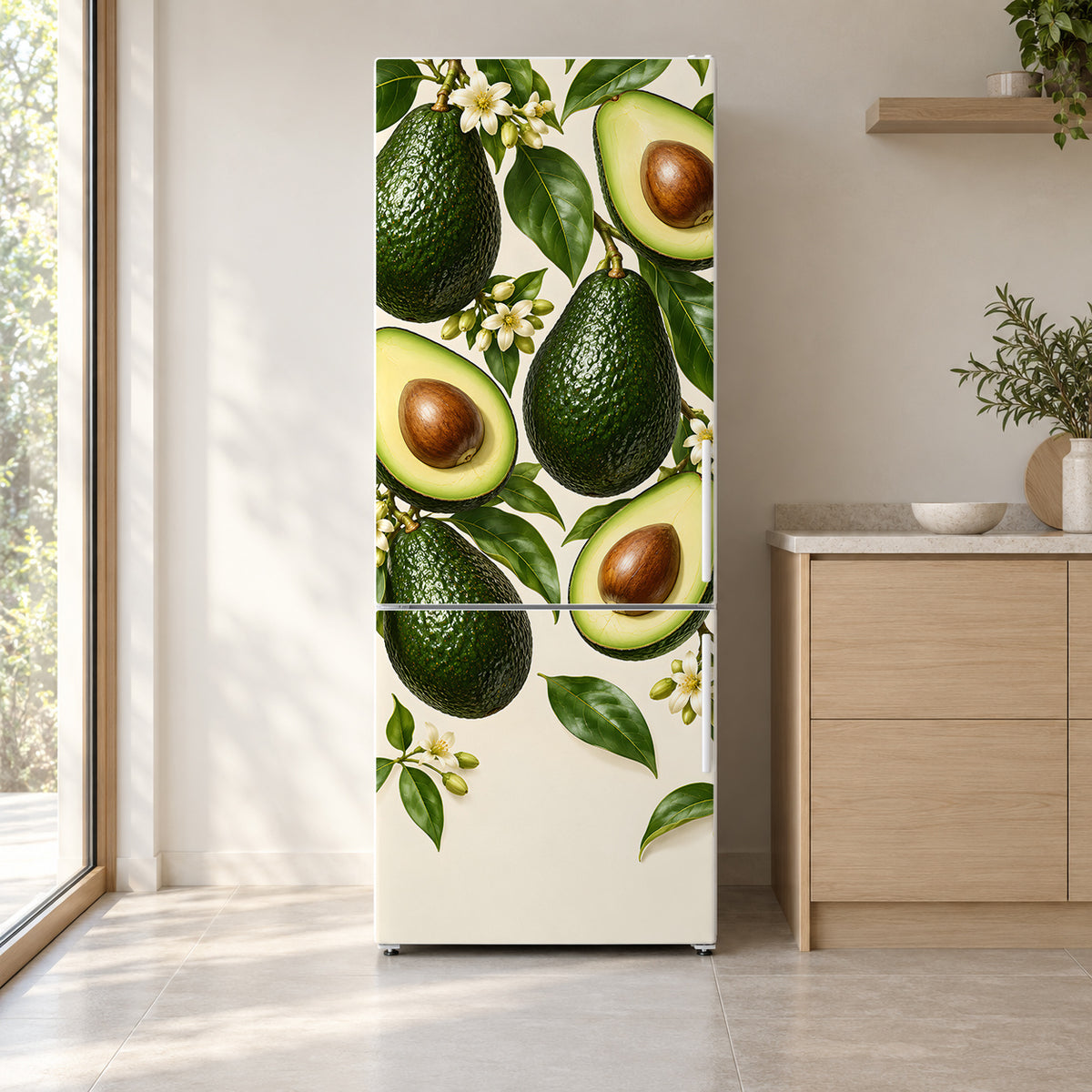 Avocados fridge wrap on a white refrigerator in a bright kitchen