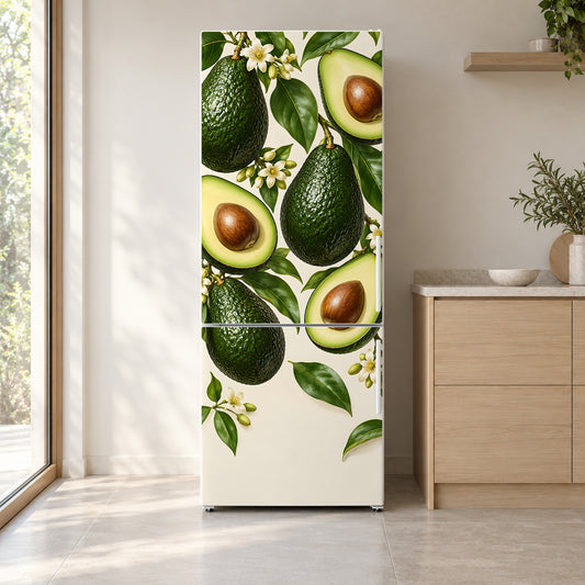 Avocados fridge wrap on a white refrigerator in a bright kitchen