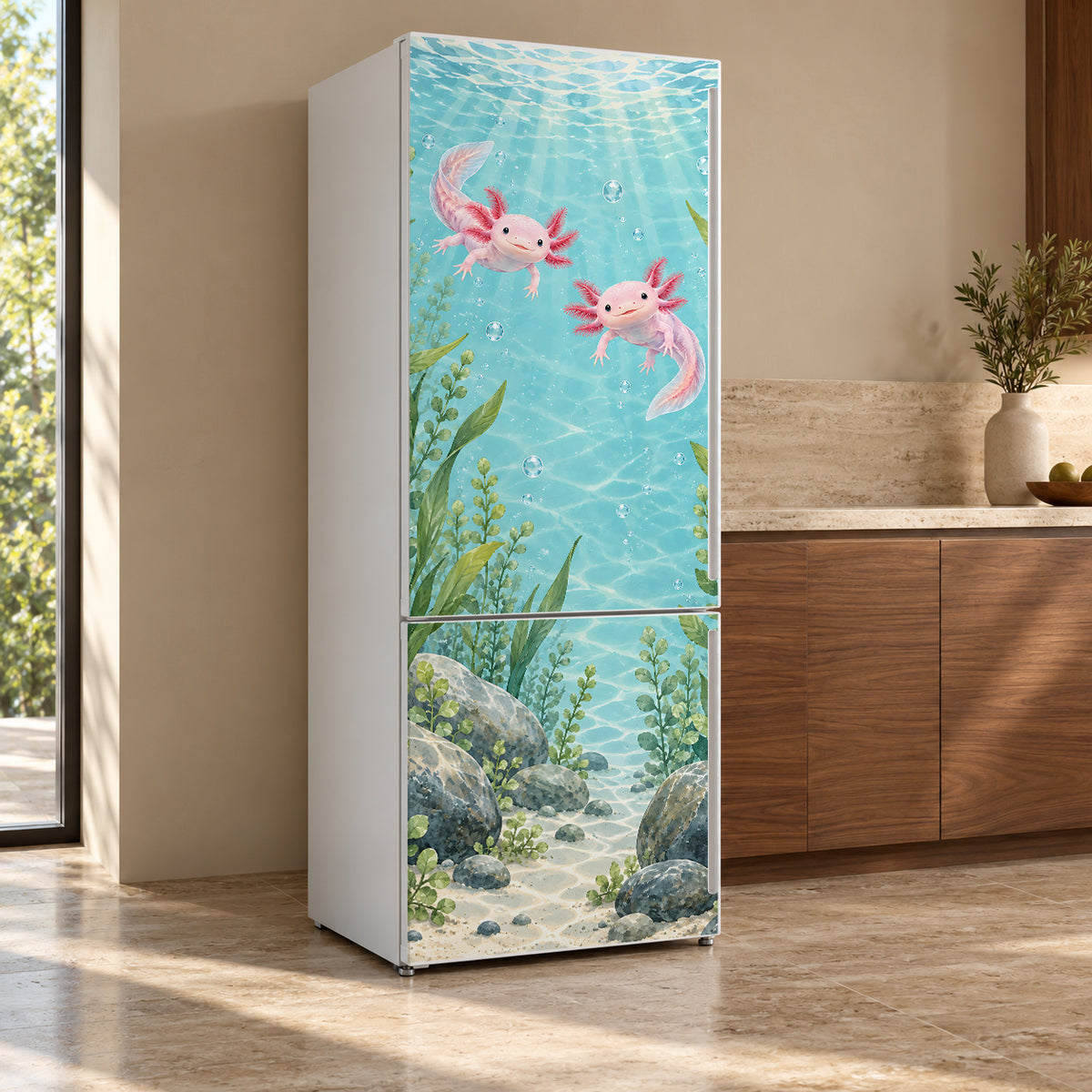 Axolotls fridge wrap, refrigerator shown at an angle