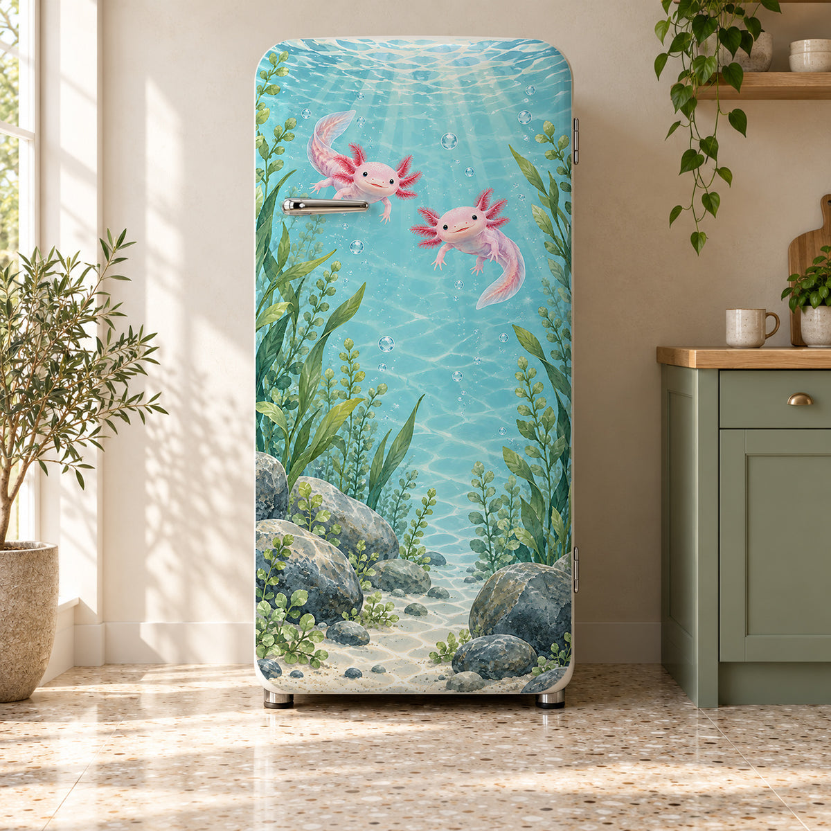 Axolotls fridge wrap on a retro refrigerator
