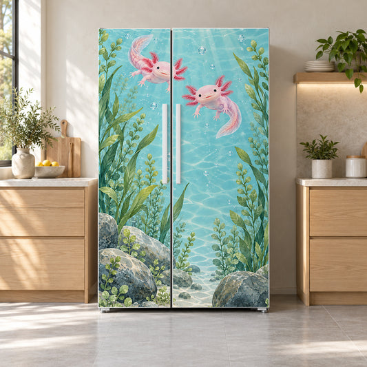 Axolotls fridge wrap on a side-by-side refrigerator