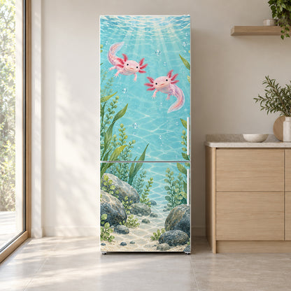 Axolotls fridge wrap on a white refrigerator in a bright kitchen