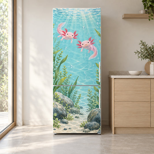 Axolotls fridge wrap on a white refrigerator in a bright kitchen