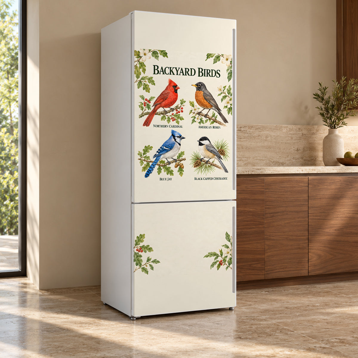 Backyard Birds Guide fridge wrap, refrigerator shown at an angle