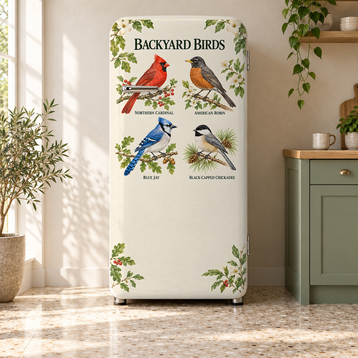 Backyard Birds Guide fridge wrap on a retro refrigerator