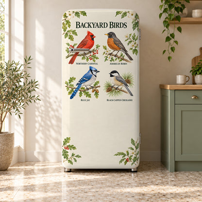 Backyard Birds Guide fridge wrap on a retro refrigerator