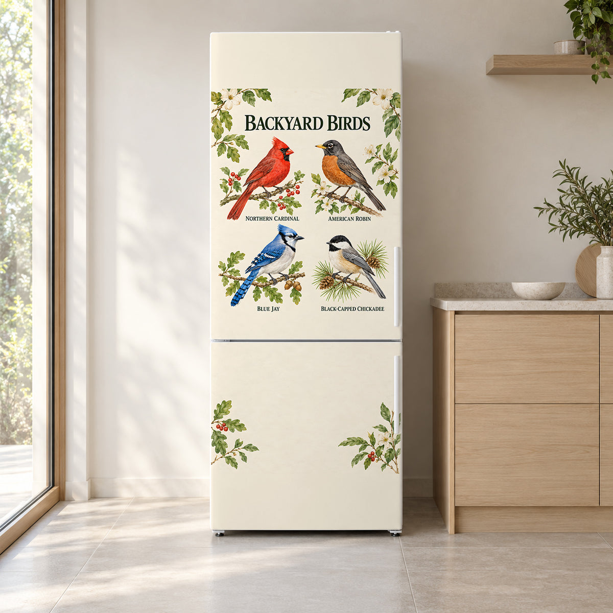 Backyard Birds Guide fridge wrap on a white refrigerator in a bright kitchen