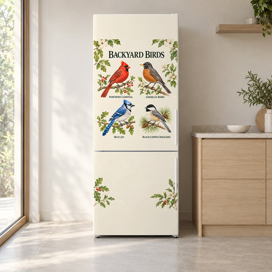 Backyard Birds Guide fridge wrap on a white refrigerator in a bright kitchen