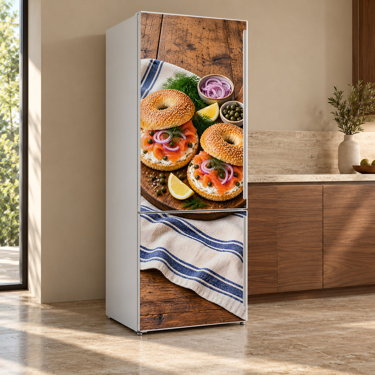 Bagels & Lox fridge wrap, refrigerator shown at an angle