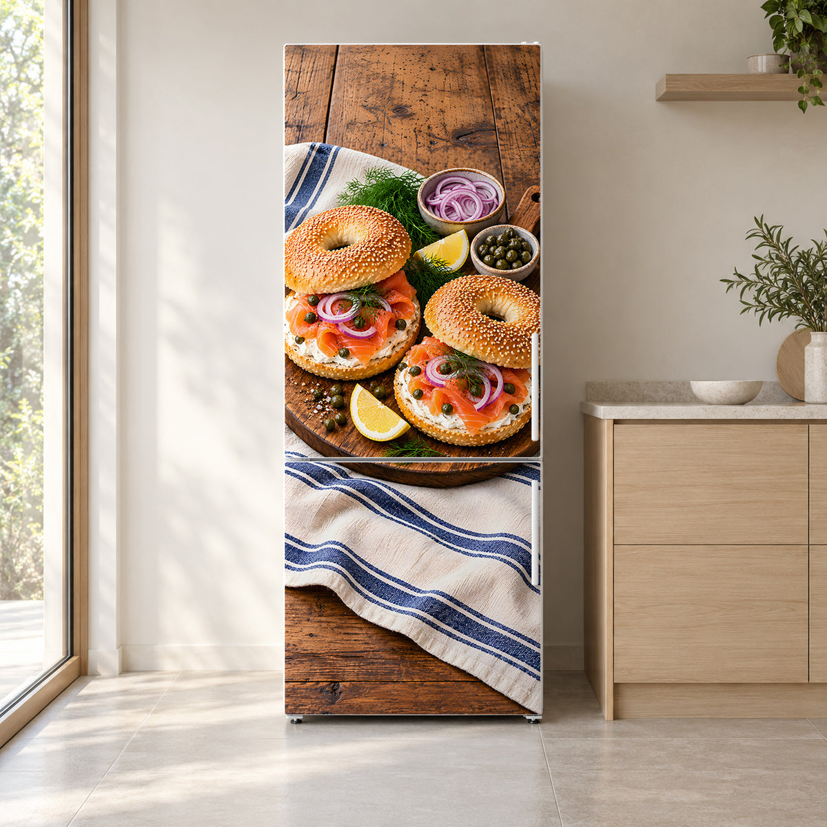 Bagels & Lox fridge wrap on a white refrigerator in a bright kitchen