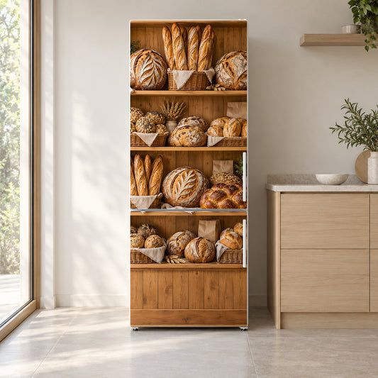 Bakery Bread Shelves fridge wrap on a white refrigerator in a bright kitchen