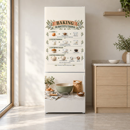 Baking Substitutions Chart fridge wrap on a white refrigerator in a bright kitchen