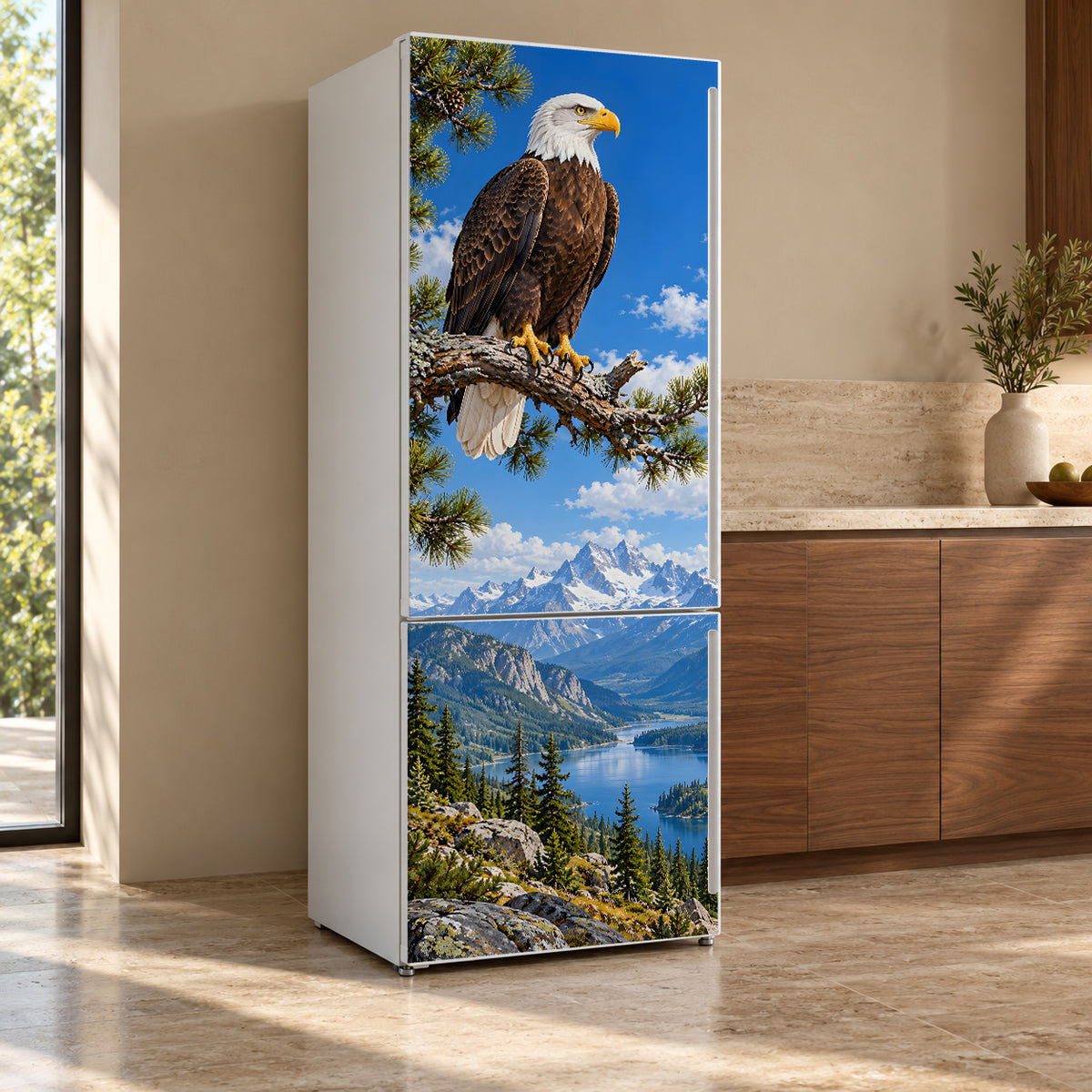 Bald Eagle fridge wrap, refrigerator shown at an angle