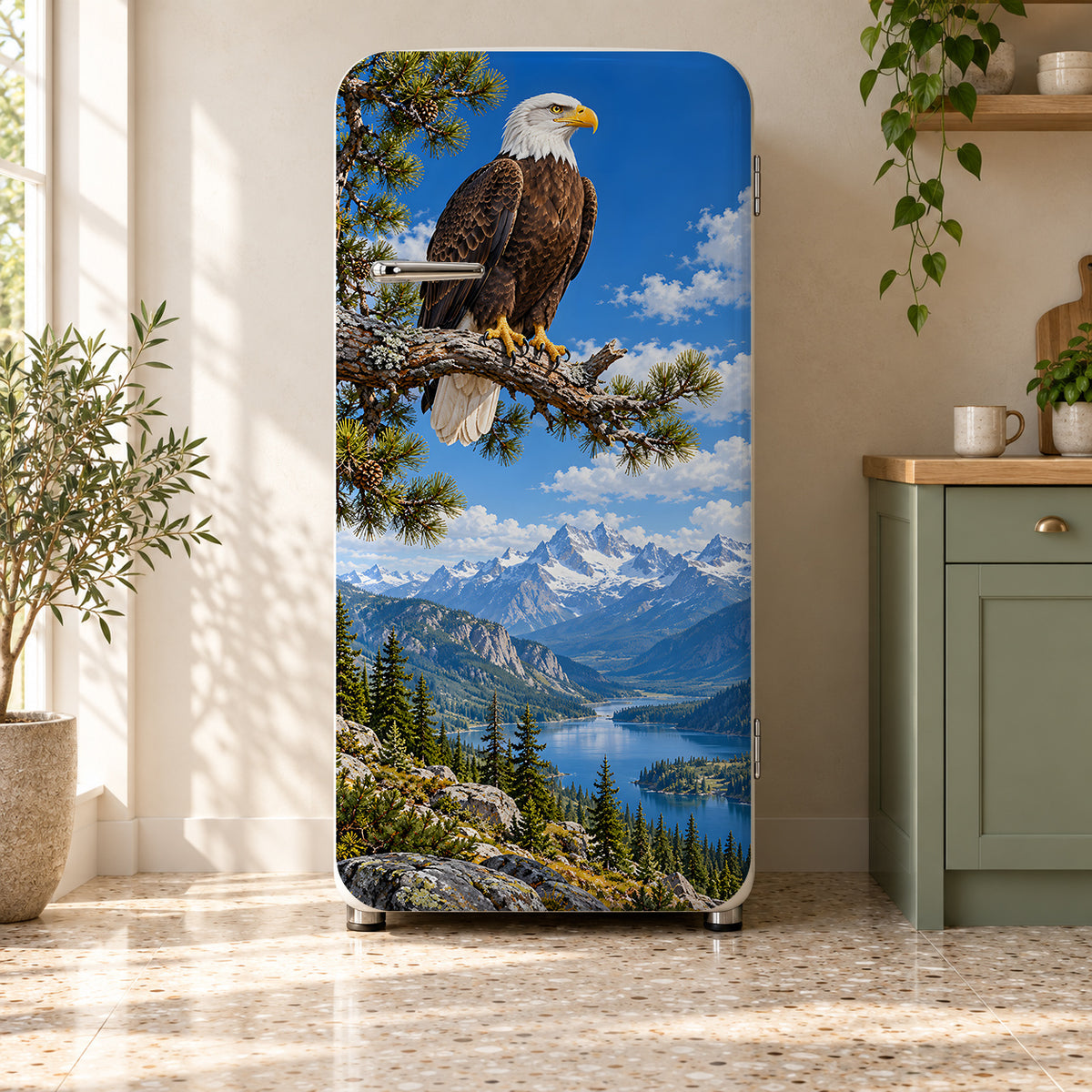 Bald Eagle fridge wrap on a retro refrigerator